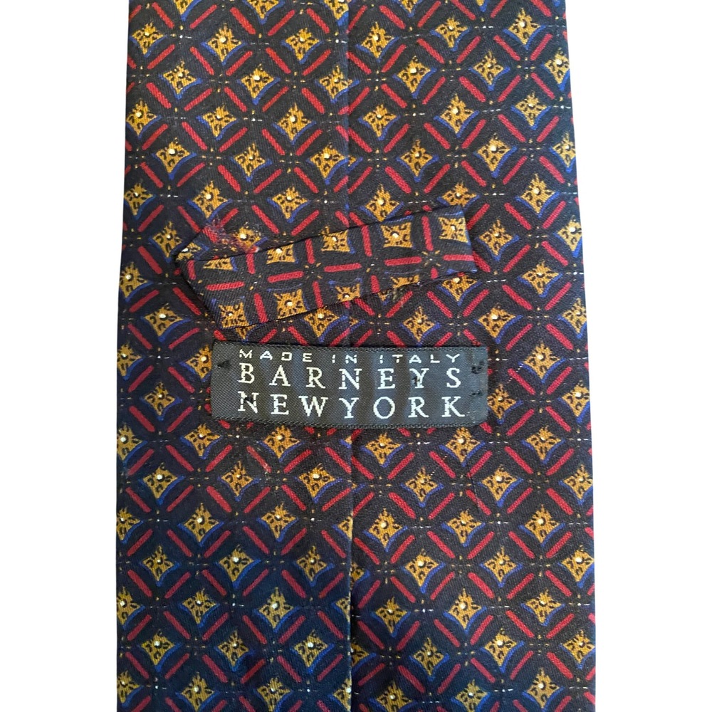Barneys New York Men Silk Tie Made Italy Navy Blue Red Gold Geometric Medallion
